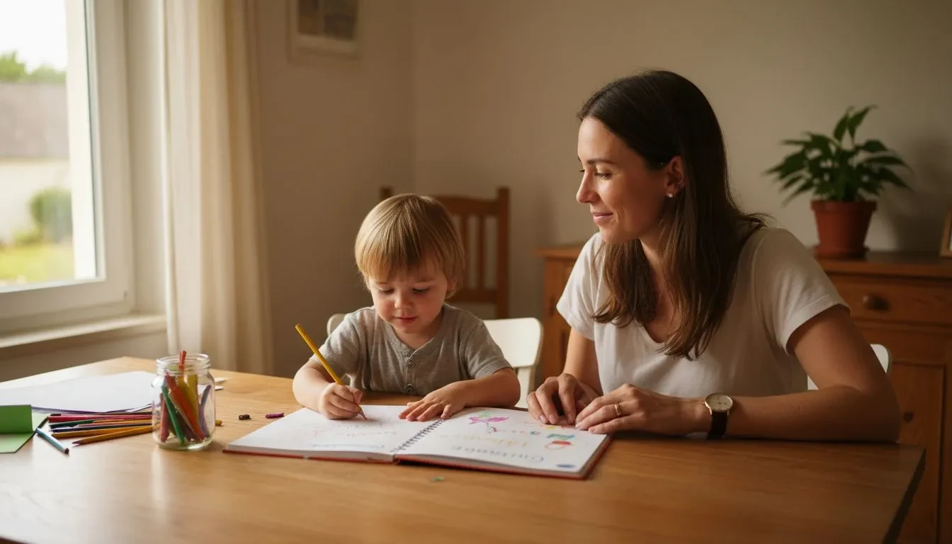 Mère et jeune enfant assis à une table en bois écrivant dans un journal de gratitude coloré pendant l'heure dorée