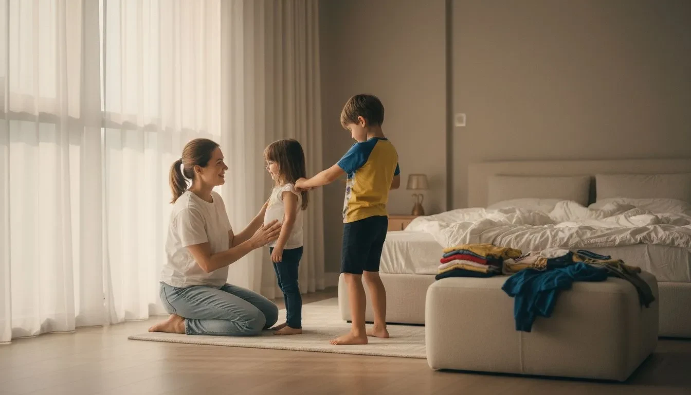 Mère souriante à hauteur d'enfant dans une chambre moderne, lumière douce du matin, fils s'habillant seul et fille souriante