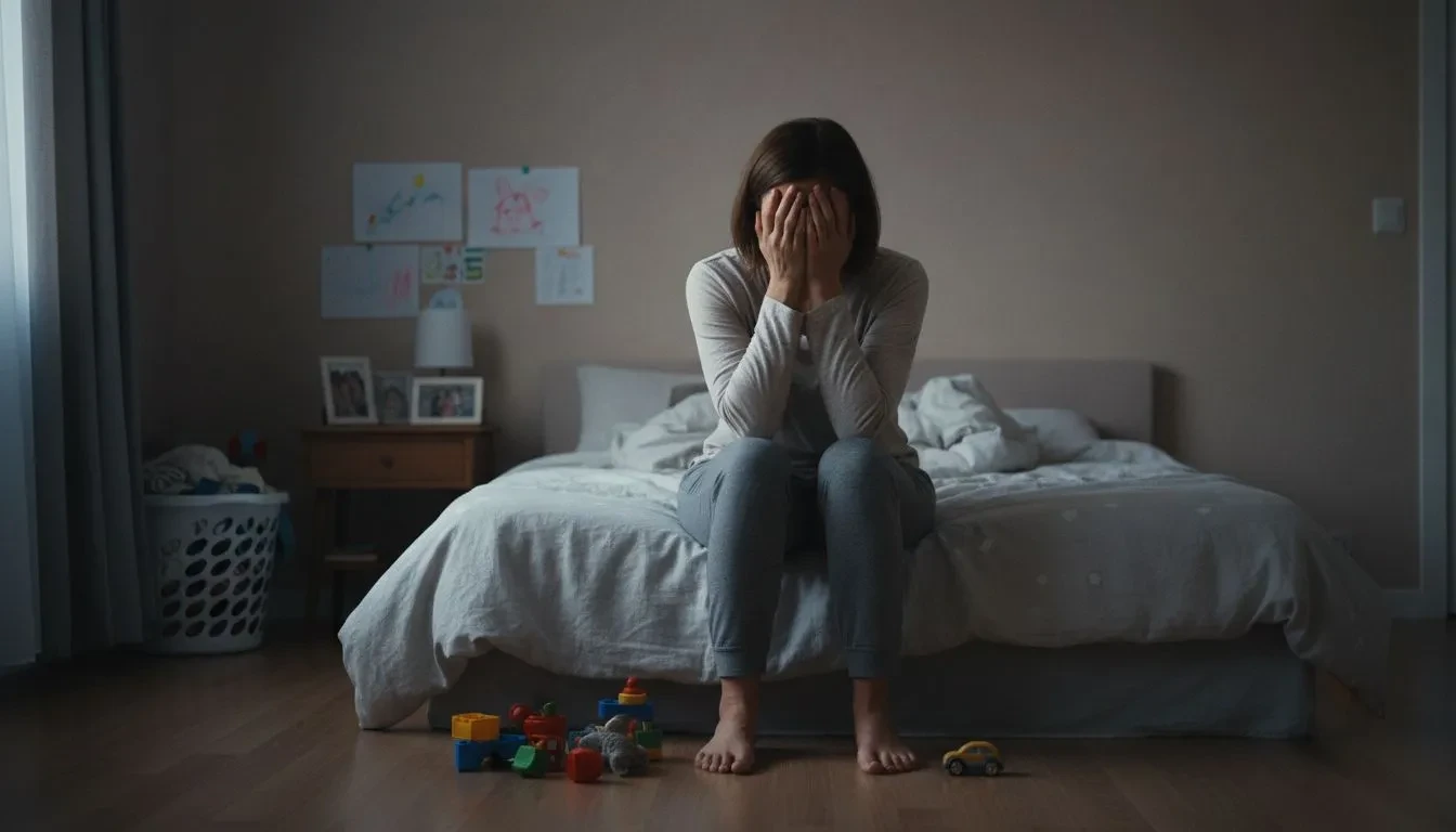 Femme épuisée assise sur un lit dans une chambre faiblement éclairée, mains sur le visage, jouets d'enfants éparpillés au sol