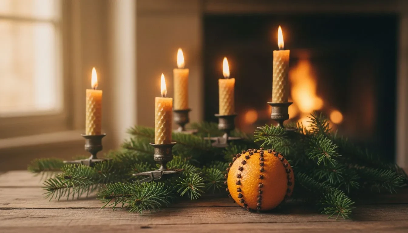 Décoration de Noël traditionnelle avec bougies en cire d'abeille sur branches de pin et orange dorée cloutée, ambiance chaleureuse et vintage