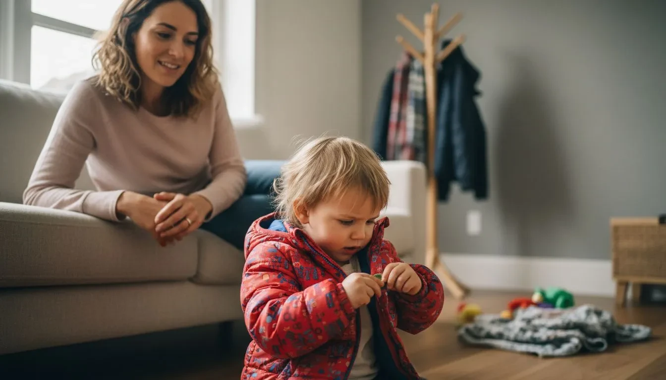 Enfant concentré essayant de boutonner sa veste sous le regard bienveillant d'un parent dans un salon moderne