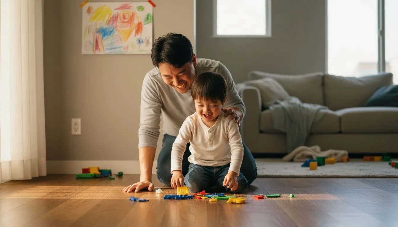 Parent et jeune enfant partageant un moment de joie devant des morceaux de jouet colorés sur un sol en bois