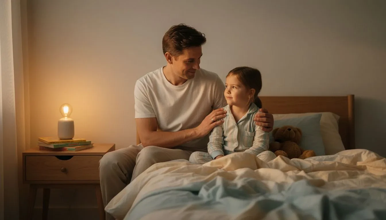 Parent assis sur le lit de son enfant lors du rituel du coucher, main posée tendrement sur l'épaule dans une chambre chaleureuse