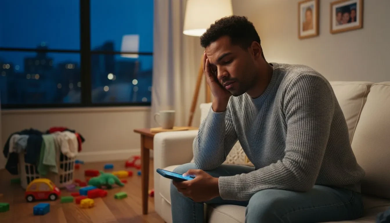 Parent épuisé assis sur un canapé dans un salon avec des jouets d'enfants éparpillés, lumière chaude d'une lampe, expression fatiguée