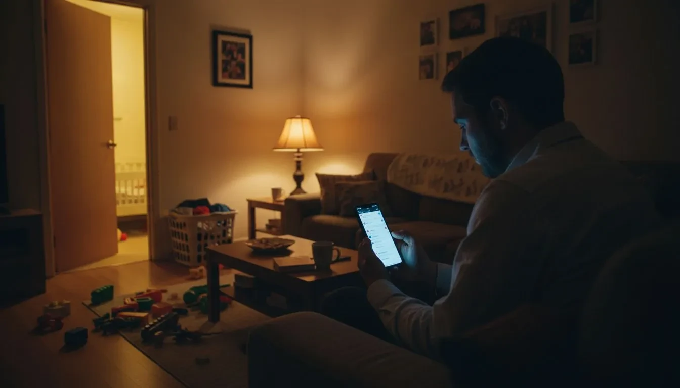 Silhouette d’un parent épuisé assis sur un canapé le soir, regardant la porte entrouverte de la chambre de son enfant endormi