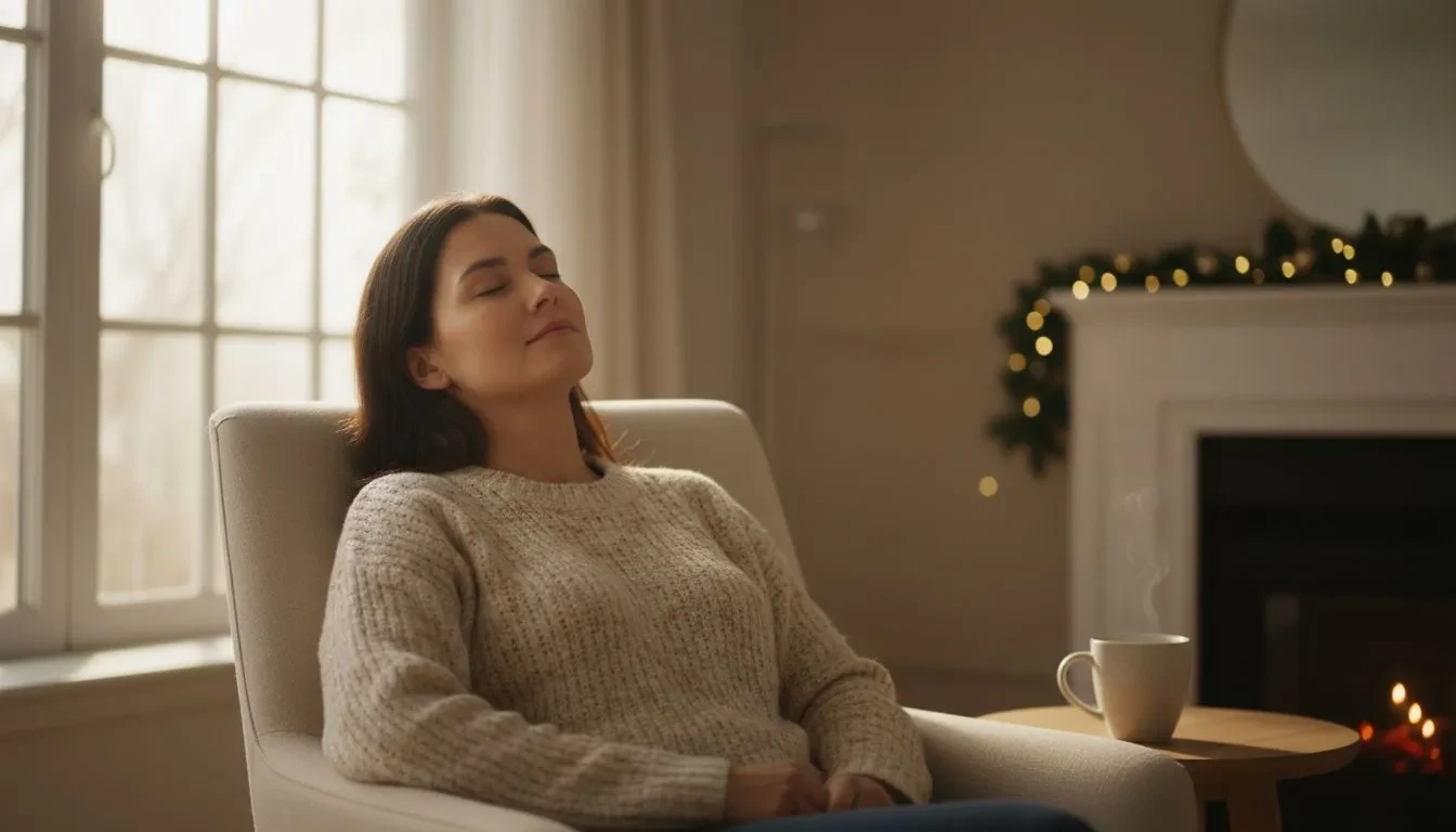 Personne détendue dans un fauteuil confortable, les yeux fermés, portant un pull d'hiver avec des éléments festifs en arrière-plan flou