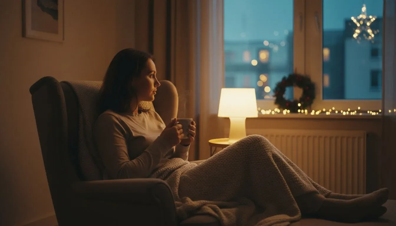Personne assise seule près d'une grande fenêtre pendant Noël, regardant les lumières festives avec une tasse à la main