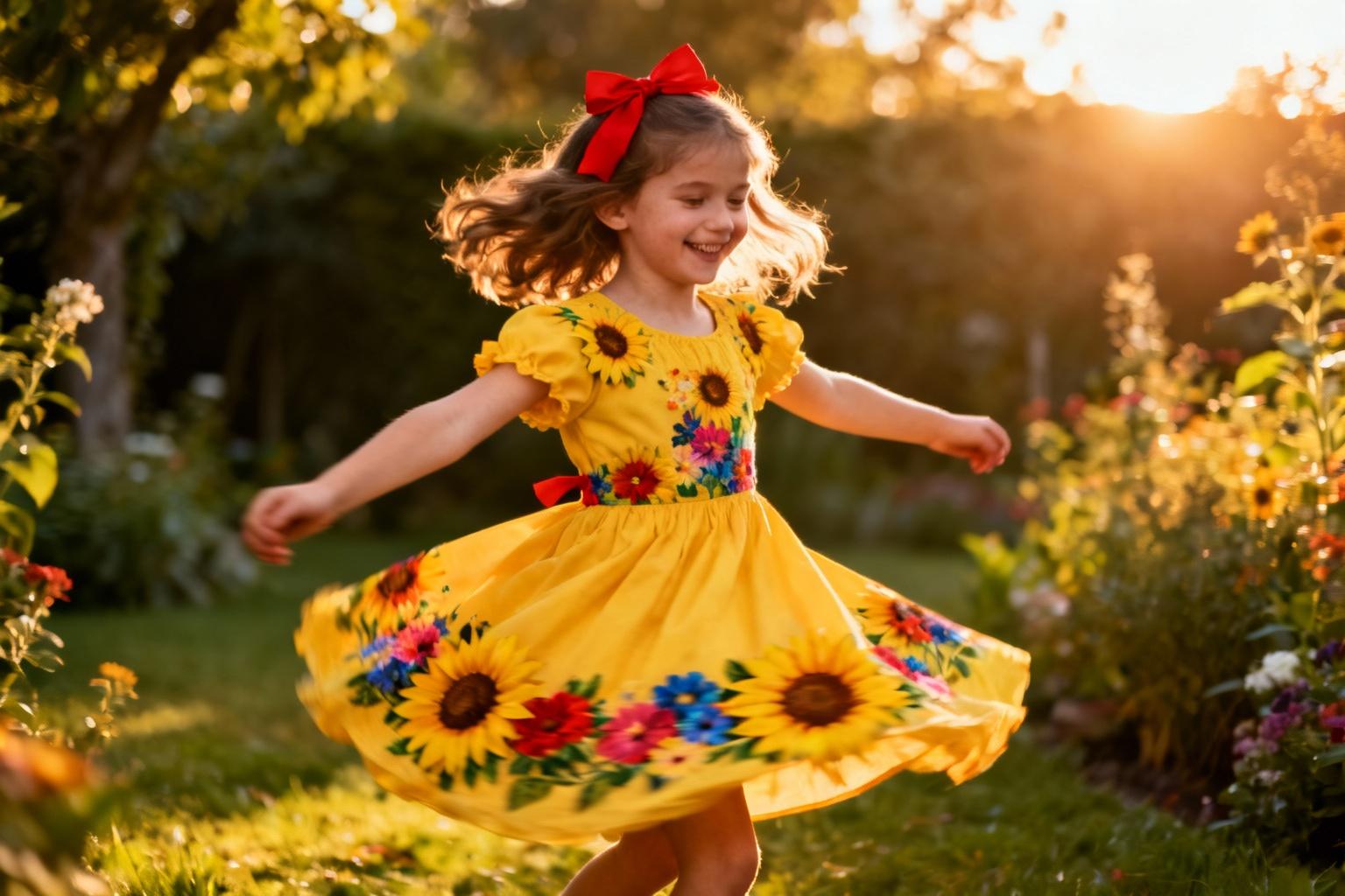Petite fille joyeuse tournoyant dans une robe jaune vif avec ruban rouge, dans un jardin ensoleillé