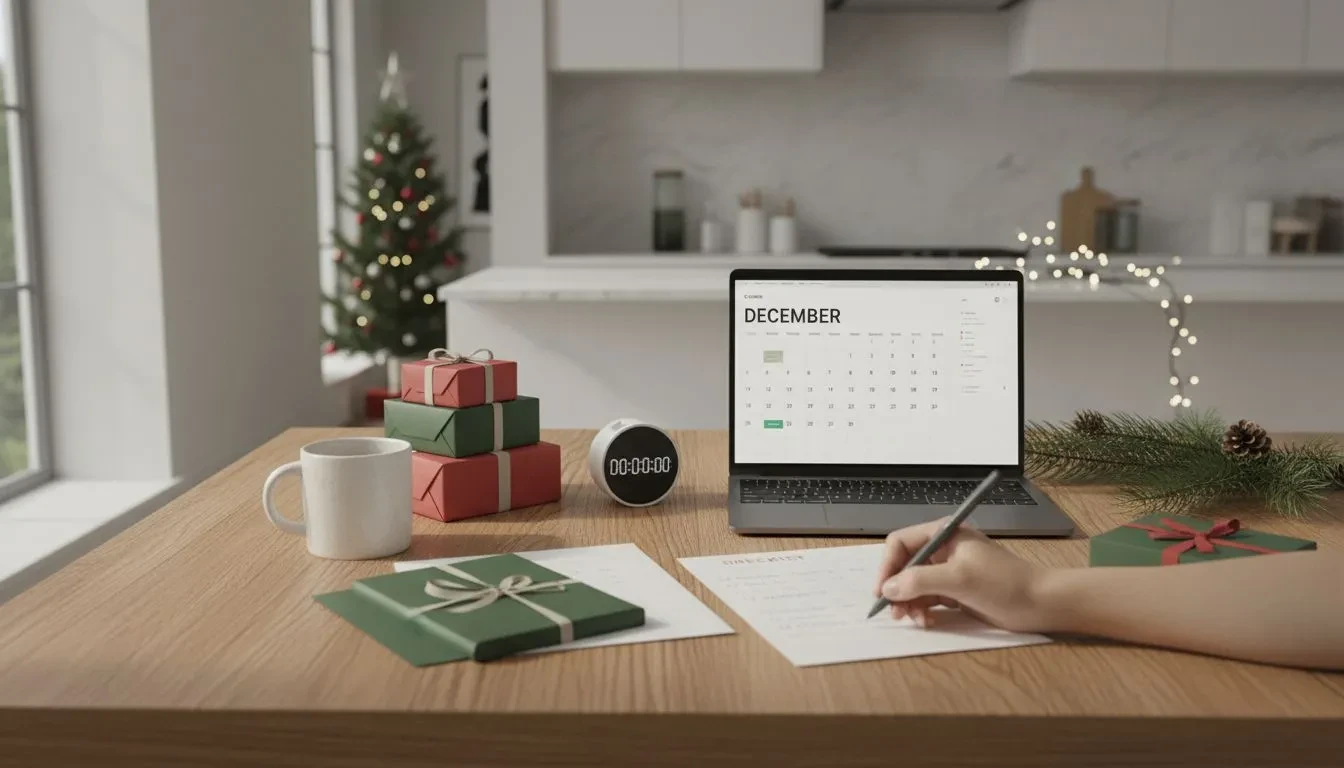 Table de cuisine moderne avec éléments de préparation de Noël organisés : liste écrite, ordinateur portable, cadeaux emballés et branche de pin