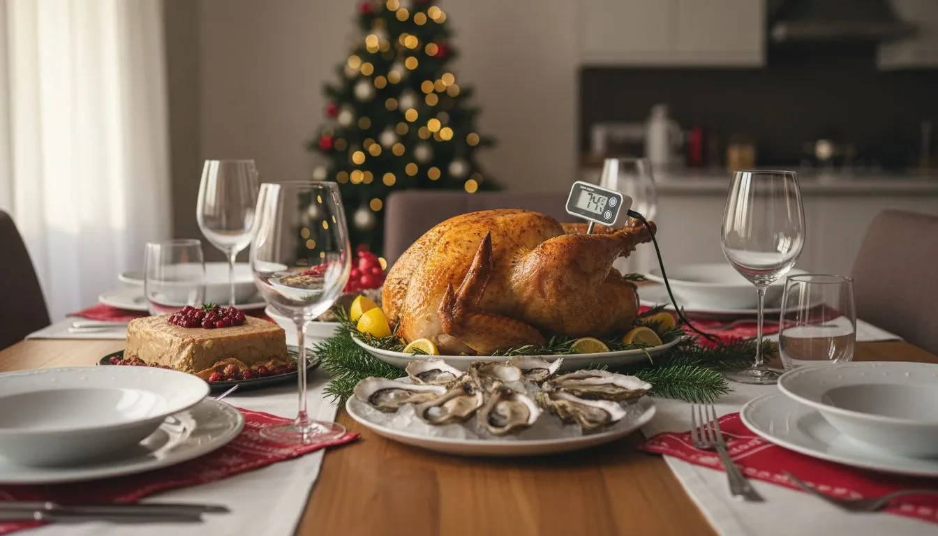 Repas de Noël élégant avec dinde dorée, huîtres et foie gras, thermomètre à viande indiquant 74°C dans la cuisse de la dinde