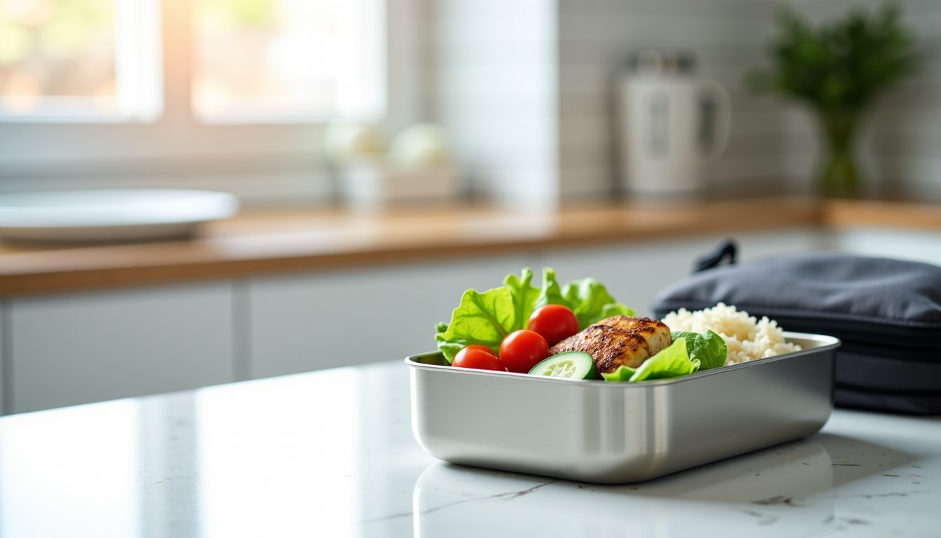 Lunch box en inox compartimentée avec un repas équilibré